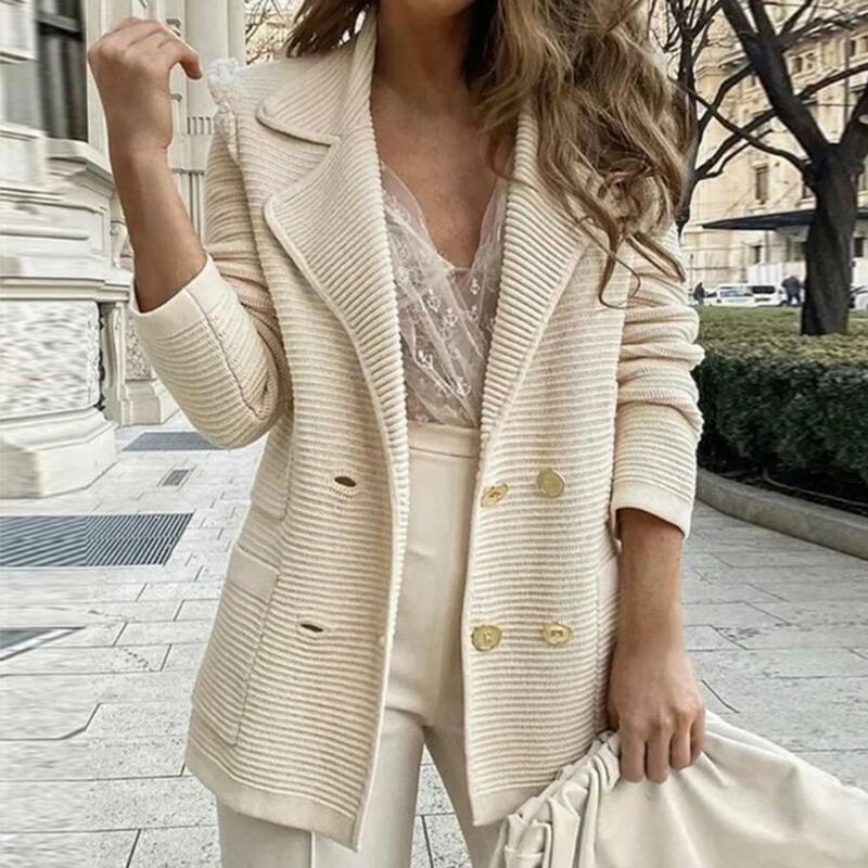 Work Suit Coat Stylish Women's Double-breasted Suit Coat Warm Mid-length Business Jacket with Turn-down Collar Loose Long