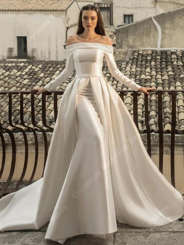 Gaun pernikahan Satin putih mengkilap, jubah Formal wanita pesta panjang 2024 tamu putri duyung elegan Formal untuk pengantin wanita musim panas