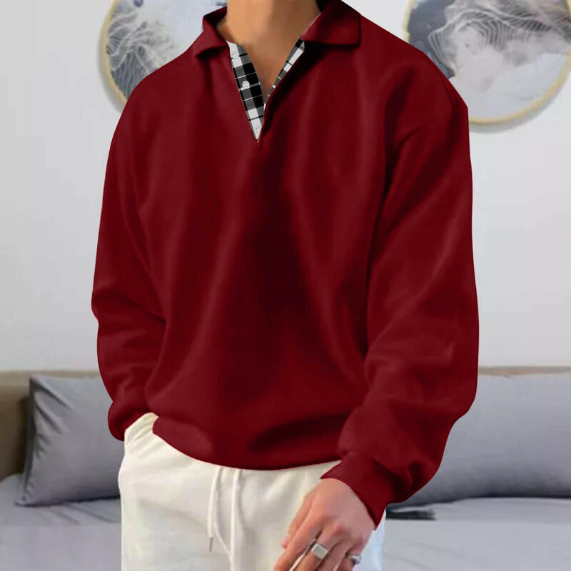 Camisas polo de manga curta masculina, gola virada para baixo, patchwork, polo casual, tops masculinos, moletom pulôver, moda outono
