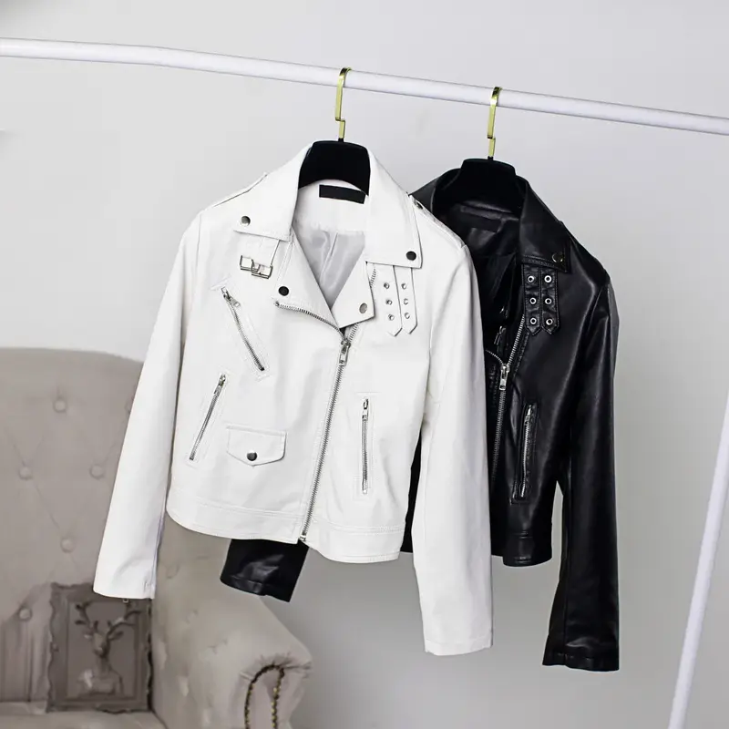 Осенние женские топы из искусственной кожи, мотоциклетная куртка для девочек, короткая белая байкерская куртка, уличная одежда из искусственной кожи, облегающее Женское пальто с длинным рукавом