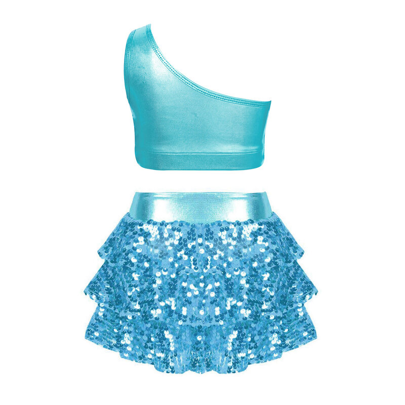 Kids Girls Shiny Sequin Ballet Jazz Dance Performance Costume Tiered Ruffles Crop Top Metallic Vest with Skirted Shorts Culottes
