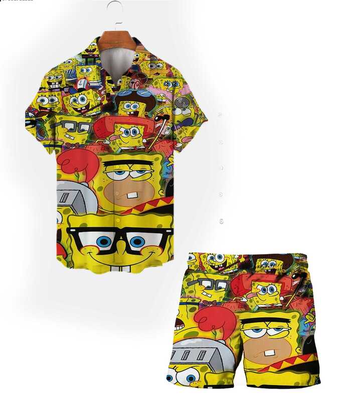 2024 Harajuku new summer Spongebob cartoon men's beach short-sleeved shirt suit street style fashion casual suit y2k