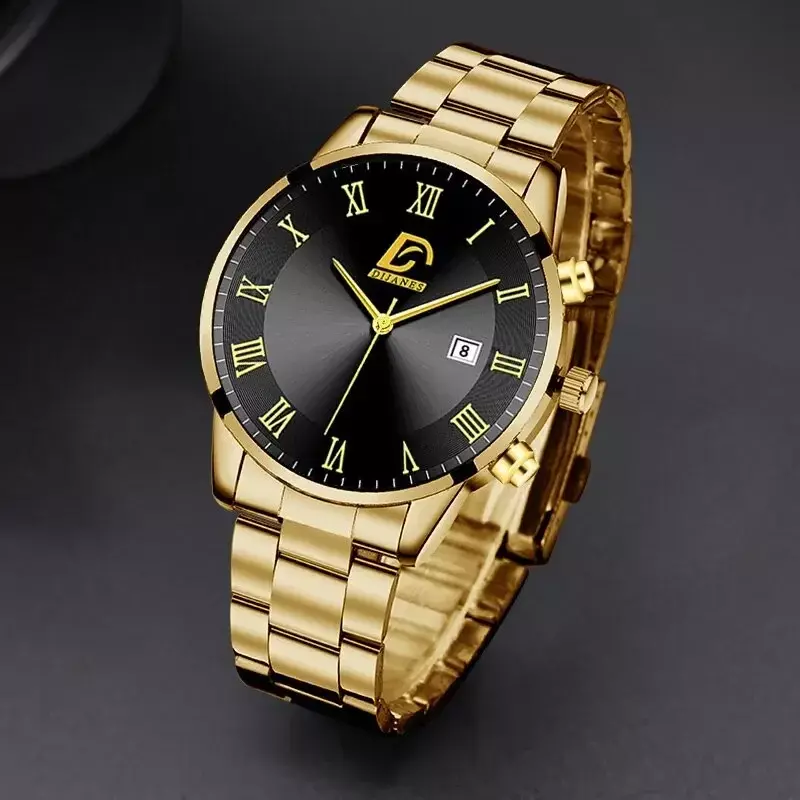 Montre à quartz militaire de luxe pour homme, acier inoxydable, or, noir, calendrier, date, horloge