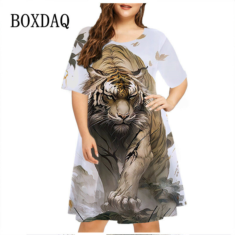 Wzór tygrysa sukienka damska z krótkim rękawem Mini sukienka z nadrukiem 3D casualowe w stylu Streetwear modna z okrągłym dekoltem luźne sukienki w rozmiarze 6XLClothing