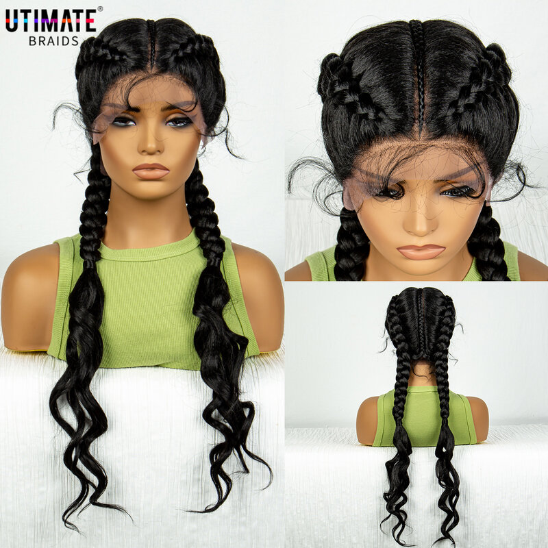 Synthetic Braided Wigs with Curly Wave for Women Lace Frontal Afro Twist Braids Wig with Baby Hair for Girls 30 Inches