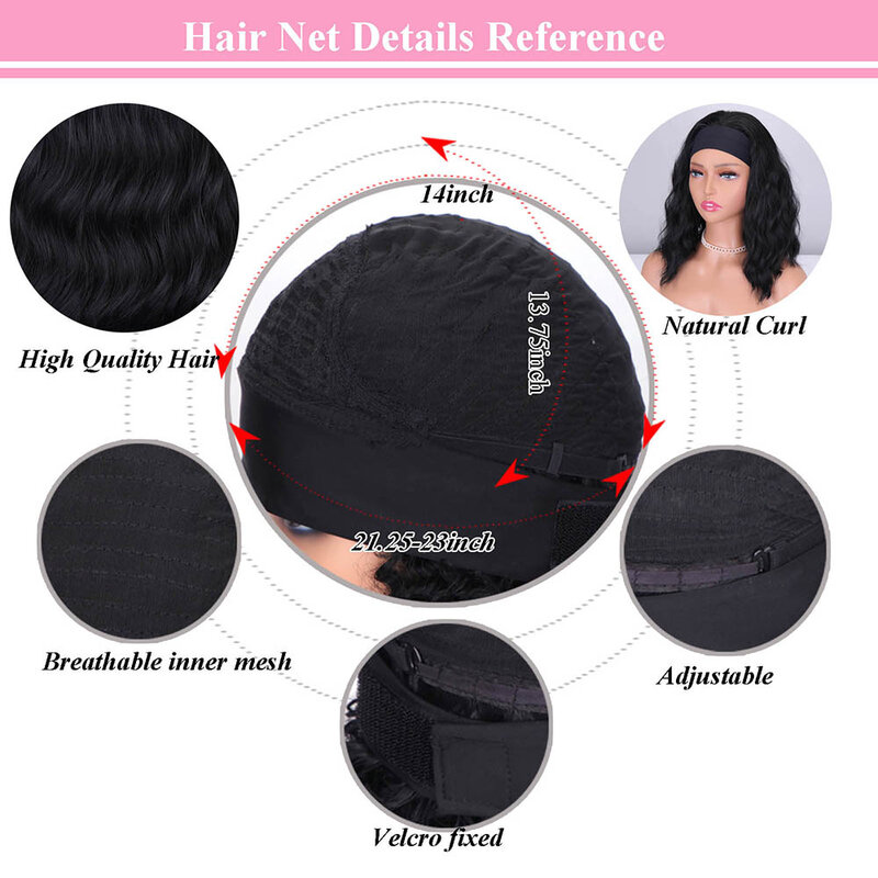 JUNSI-peruca sintética ondulada para a cabeça curta para mulheres, cabelo ondulado natural, headwraps marrom preto e cinza, uso diário, feito na máquina completa