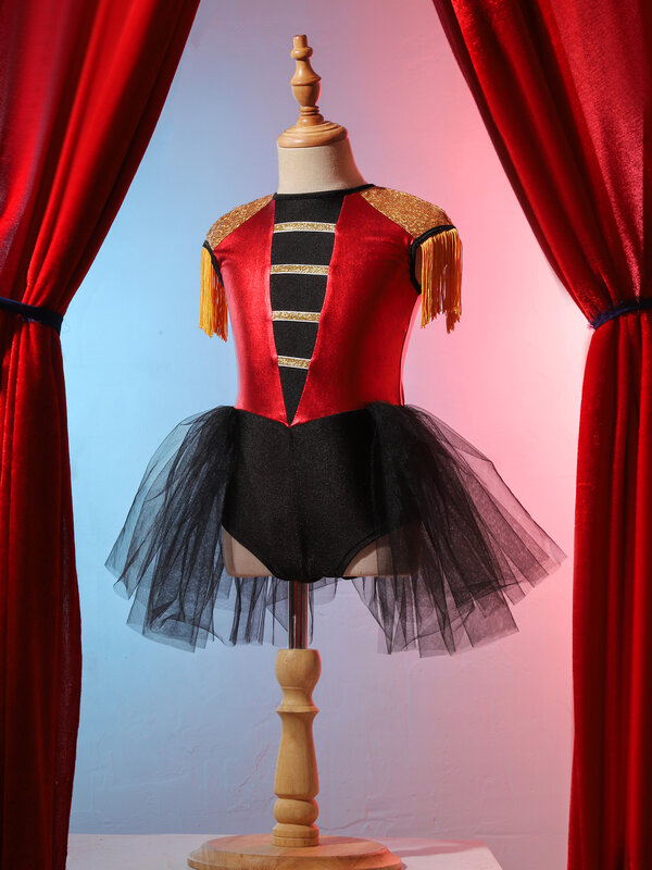 Teen Girls Sleeveless Sequin Tassel Leotard Tutu Ballet Dance Dress Halloween Circus Ringmaster Cosplay Performance Costume