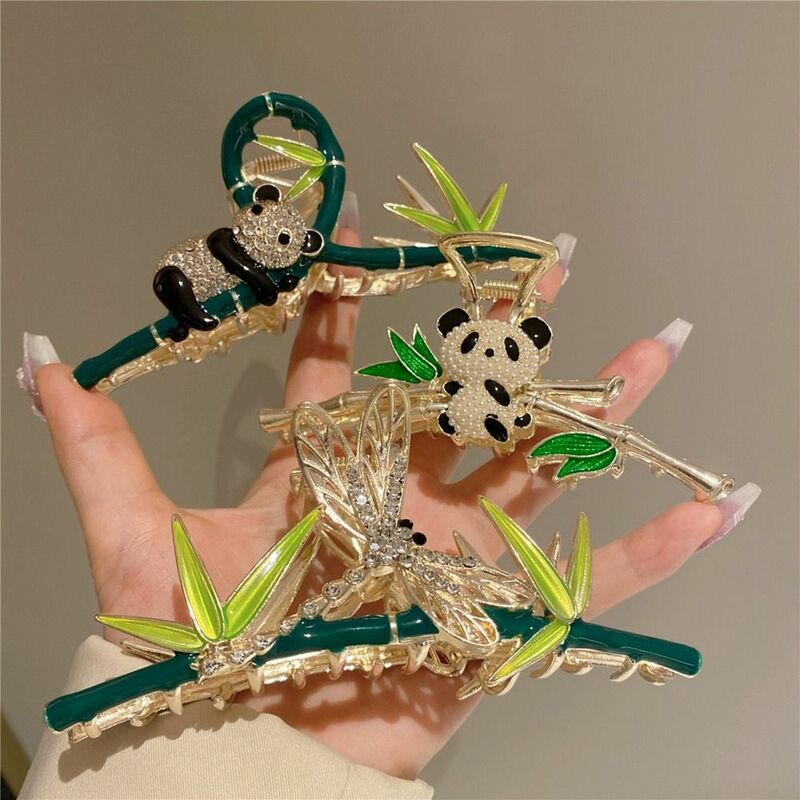 Pinza de agarre de Metal verde con forma geométrica de perla, accesorios para el cabello femenino, tocado de estilo chino, garra de pelo de Panda con diamantes de imitación