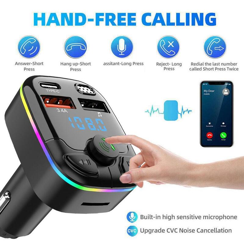 Car Bluetooth 5.0 FM Transmitter PD Type-C Dual USB 3.1A Fast Charger Colorful Ambient Light Handsfree MP3 Modulator Player