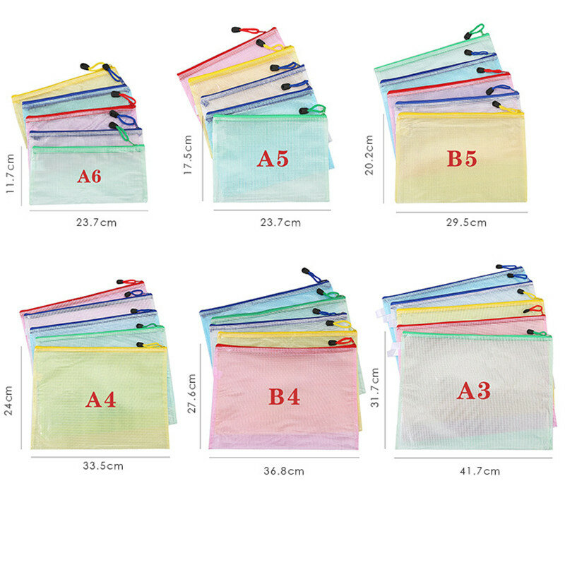 Transparente Zipper File Bag, papelaria estudante criativo, impermeável Pen Bag, Office Data Bag, Ticket Storage, A4 Grid, 5pcs