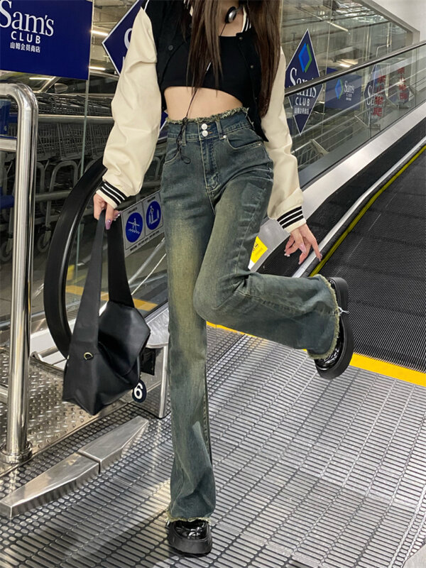 กางเกงยีนส์ทรงสกินนี่เอวสูงสำหรับผู้หญิงเสื้อผ้า Y2k สวยงามกางเกงผ้ายีนส์ซักวินเทจแนวสตรีท MODE Korea ย้อนยุคใหม่