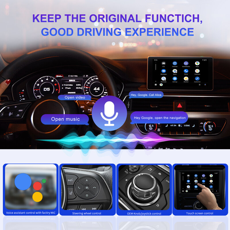 Podofo CarPlay Ai Box Android กล่องสตรีมมิ่งไร้สายสำหรับ VW Audi Toyota Honda strong WIFI Bluetooth Voice Assistant