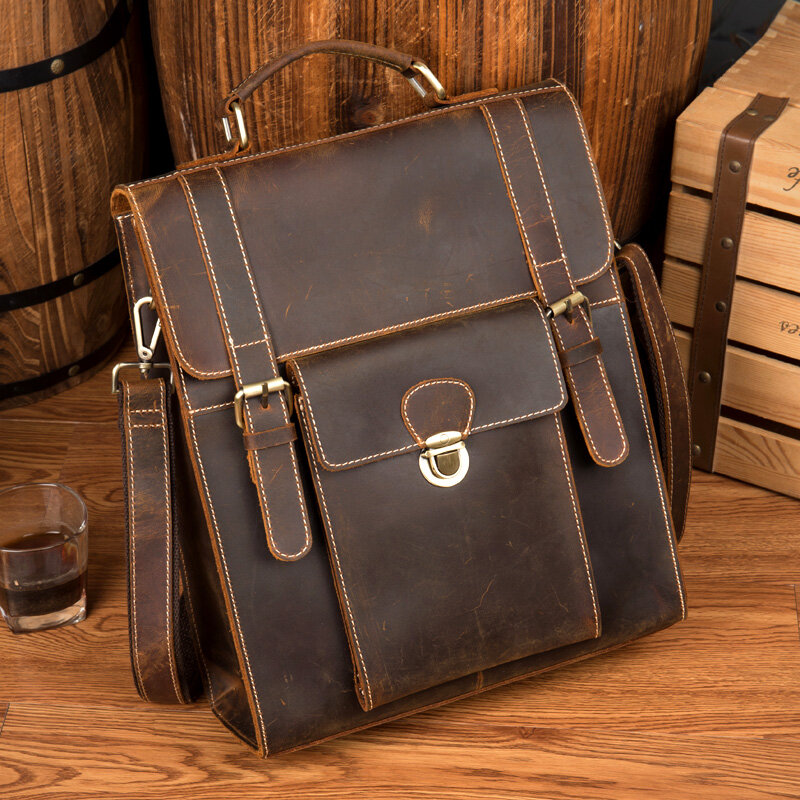 New Crazy Horse Genuine Leather Business Men's Briefcase Women's Vintage Handbag Backpack One Shoulder Satchel 14 Inch Tablet