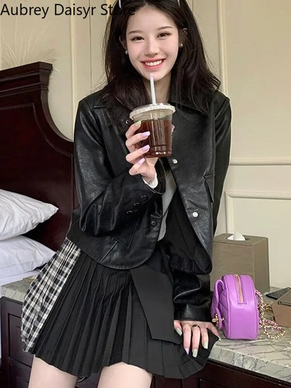 Куртка женская кожаная на пуговицах, модный винтажный пиджак в Корейском стиле, повседневный однобортный тонкий жакет, уличная одежда, черный