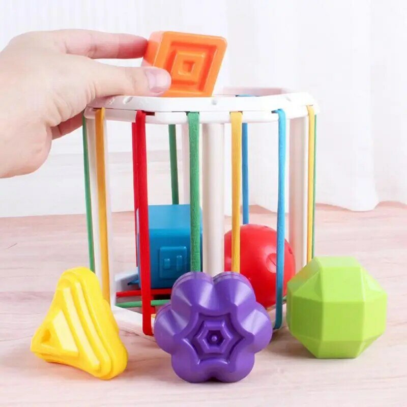 Juguete de clasificación de forma de bebé, juguete de clasificación con bandas elásticas, cubos octagonales, 6 piezas, forma multisensorial, niños de 1 a 2 años