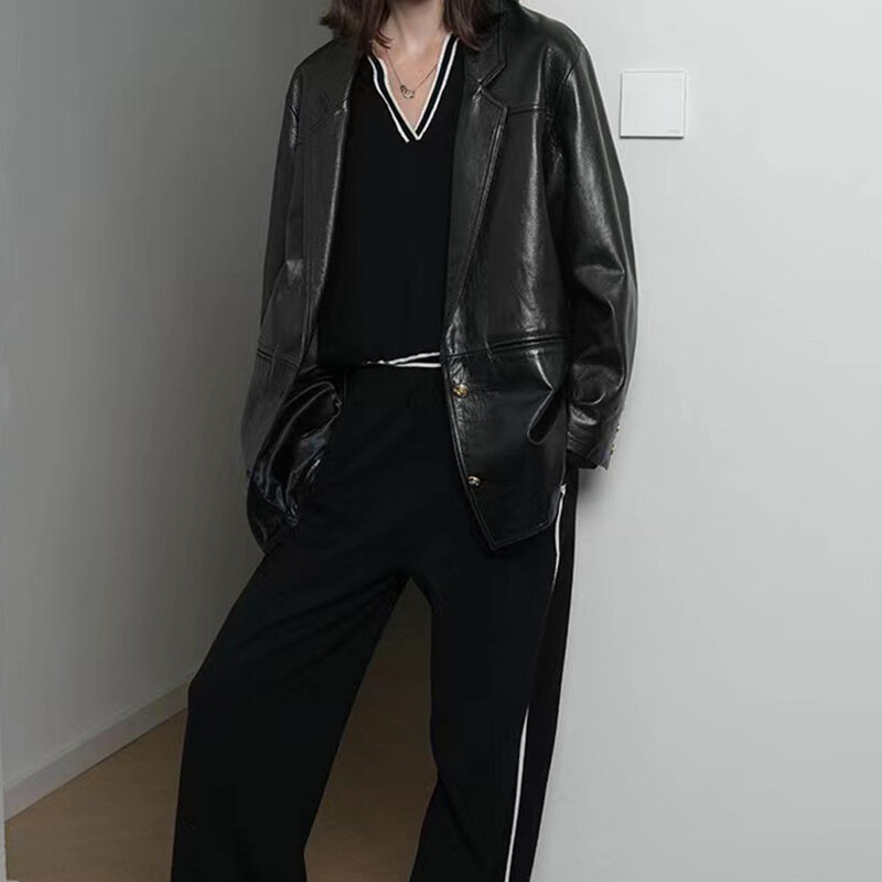 Giacca nera Vintage per donna 2023 nuovo Blazer in pelle oversize sciolto ad alto senso cappotto Casual femminile Streetwear