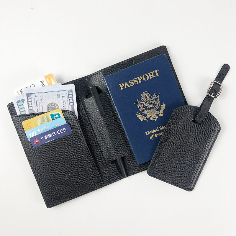 Juego de Etiquetas de equipaje de cuero Pu con letras personalizadas, inserto de bolígrafo multifuncional, soporte de pasaporte de viaje, cubierta de pasaporte Saffiano