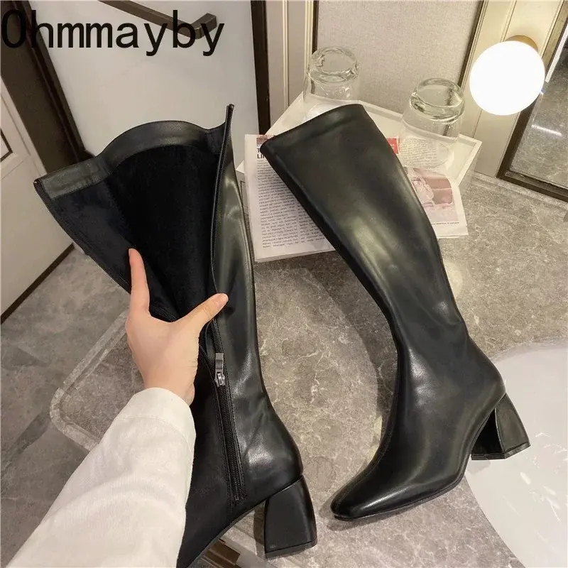 Slim Woman Knight Knee-high Boots Square 6CM Heel Ladies Zippers Fashion Soft Leather Winter Long Boots 2023 Shoes For Women