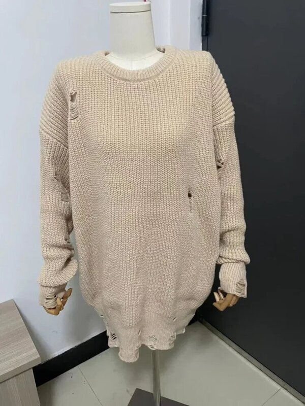 Eshin pulover rajut berbantalan wanita, Sweater robek ukuran besar musim gugur musim dingin, pakaian kasual lengan panjang TH855