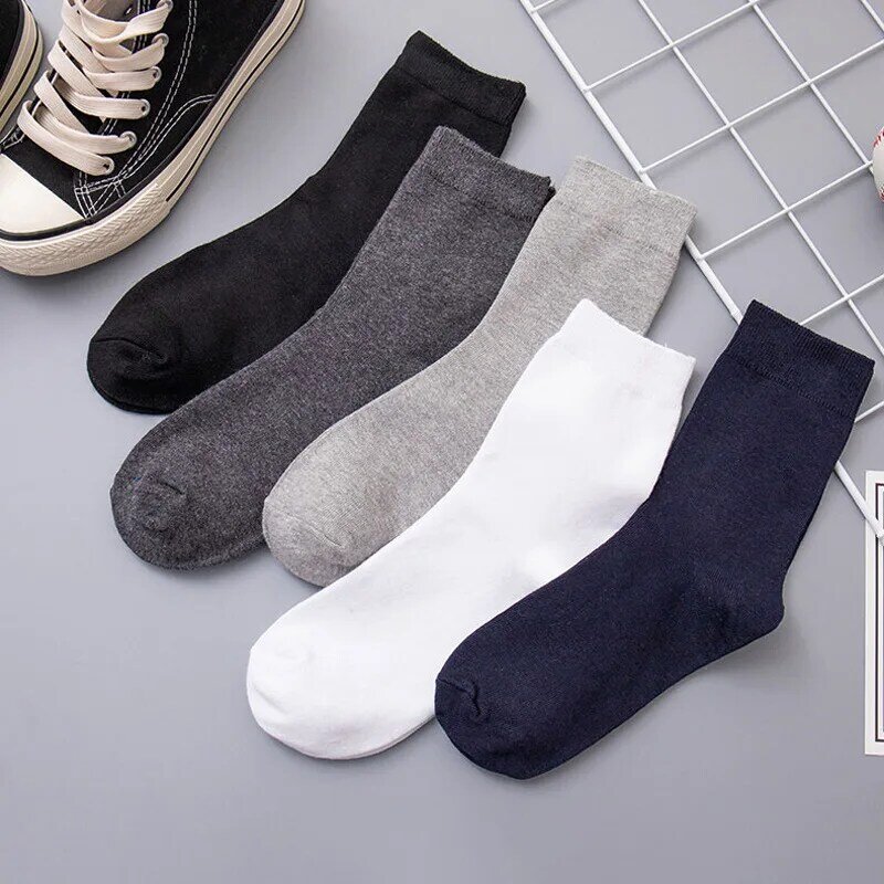 Носки мужские хлопковые деловые, Классические повседневные эластичные мягкие дышащие средней длины, черные носки для офиса, 5 пар/осень