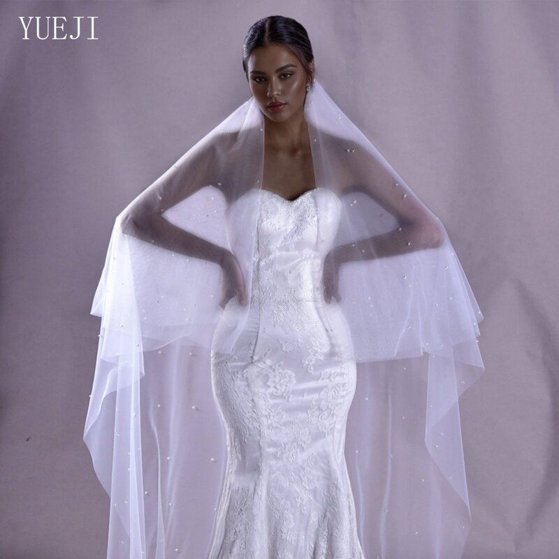 YUEJI-Bridal Lace Pearl Veil, Double Layer Blusher, Catedral White Veil, Acessório de casamento nupcial com pente, 0114