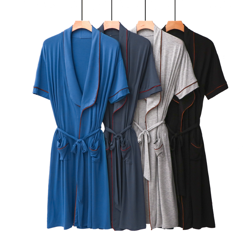Piżamy szlafrok szaty dla mężczyzn Plus rozmiar modalne koreańskiej wersji z krótkim rękawem klapy średniej długości pas drapować kąpiel odzież domowa długa suknia