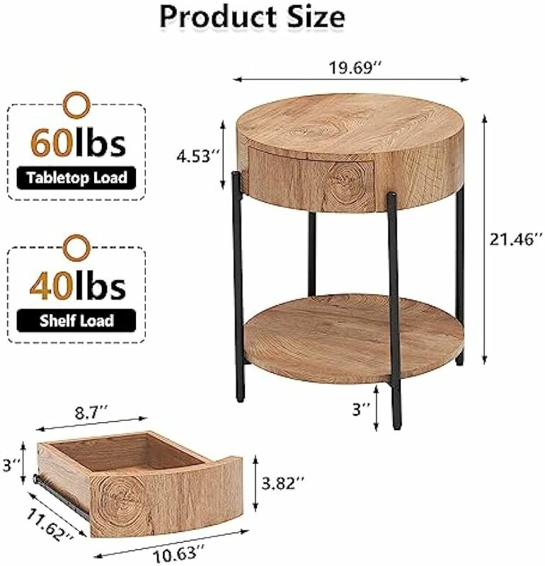 Meja samping kayu meja bulat sudut nyaman dengan laci rumah pertanian bingkai meja ujung lingkaran kecil untuk ruang tamu