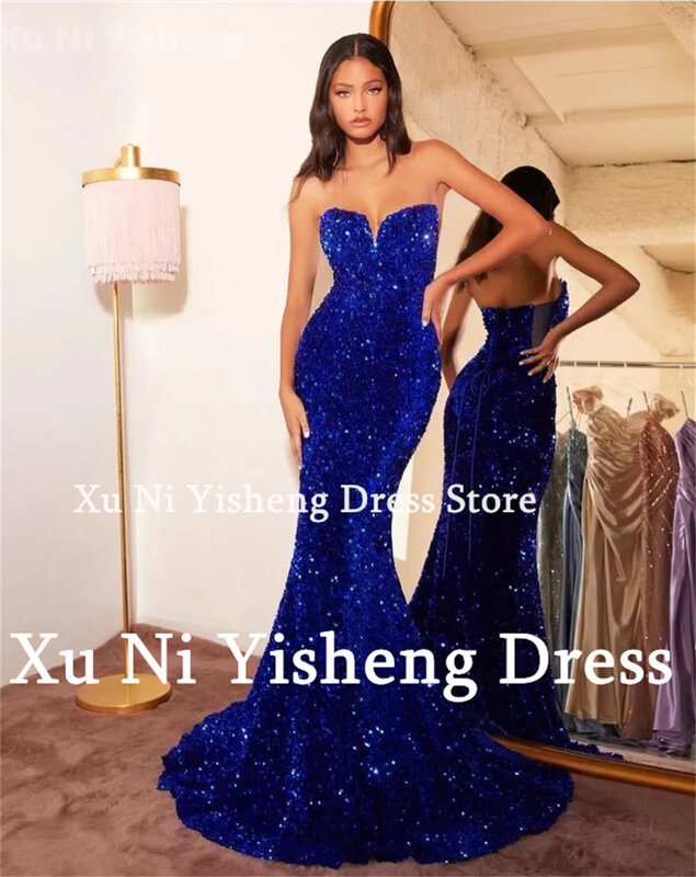 New Blue Women Prom Dress Sparkly paillettes sweetar Neck Mermaid Special Evening Dress coccatal Party dress Beauty Pageant Dress