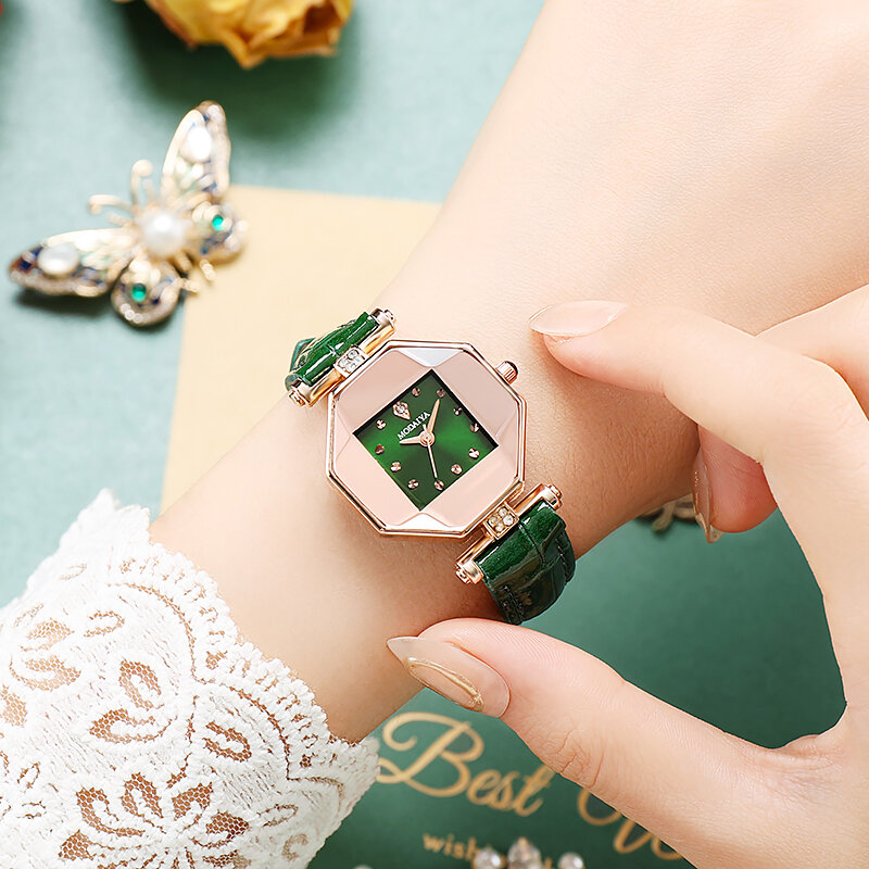 Nova moda rosa de ouro relógios femininos pulseira couro marca luxo strass senhoras vestido relógio quartzo relogio feminino montre