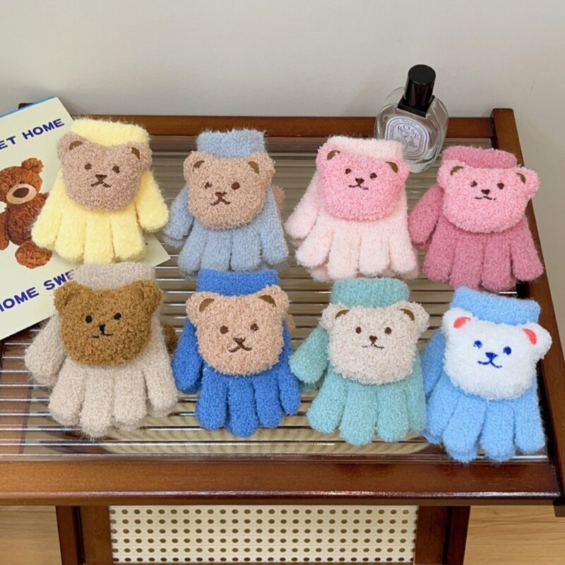 Luvas coreanas de urso cartoon para bebês, velo grosso, luvas térmicas para crianças, dedo cheio, meninos e meninas, 1-3Y, inverno