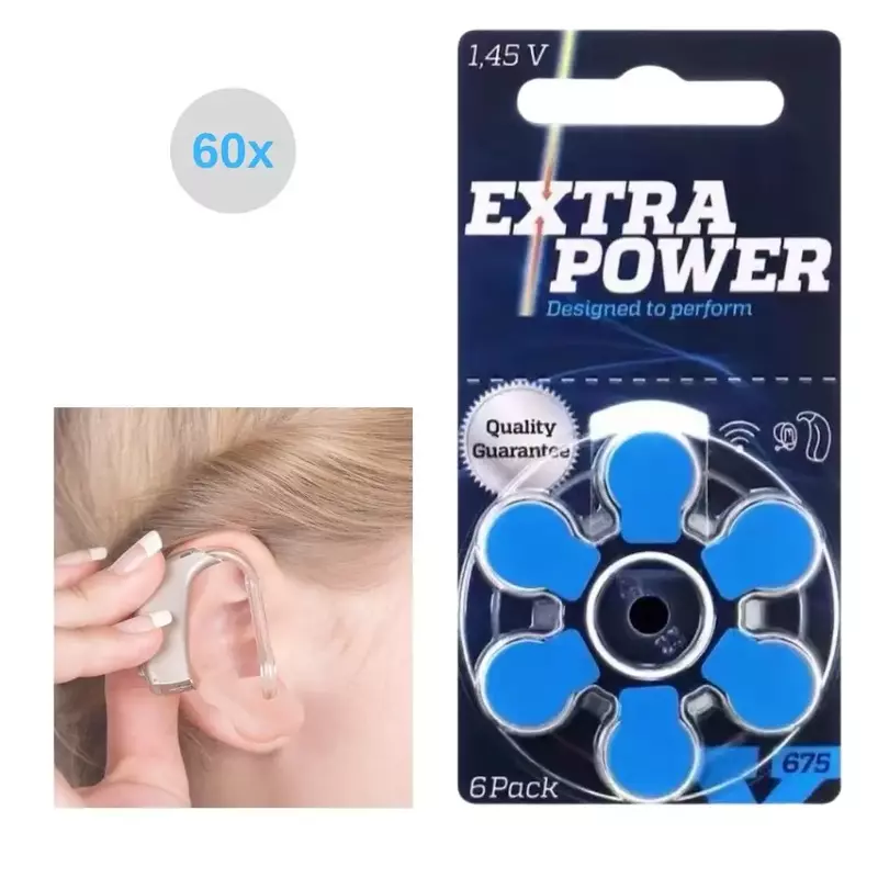 Aides auditives extra puissantes, boîte de 60 cellules à batterie, Zinc Air, Blue Store 44, 24.com, taille 675, A675, 1.45V
