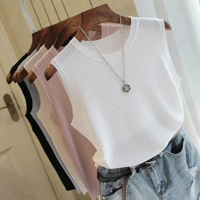 Blusa feminina de malha com decote em O, camisa sem mangas, roupas femininas, tops e blusas, moda verão, C853, 2024