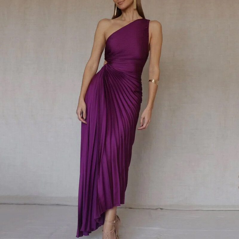 Women Elegant Asymmetric Long Party Dress 2024 One Shoulder Pleat Formal Occasion Gown Ladies Sexy Cocktail Evening Prom Dresses
