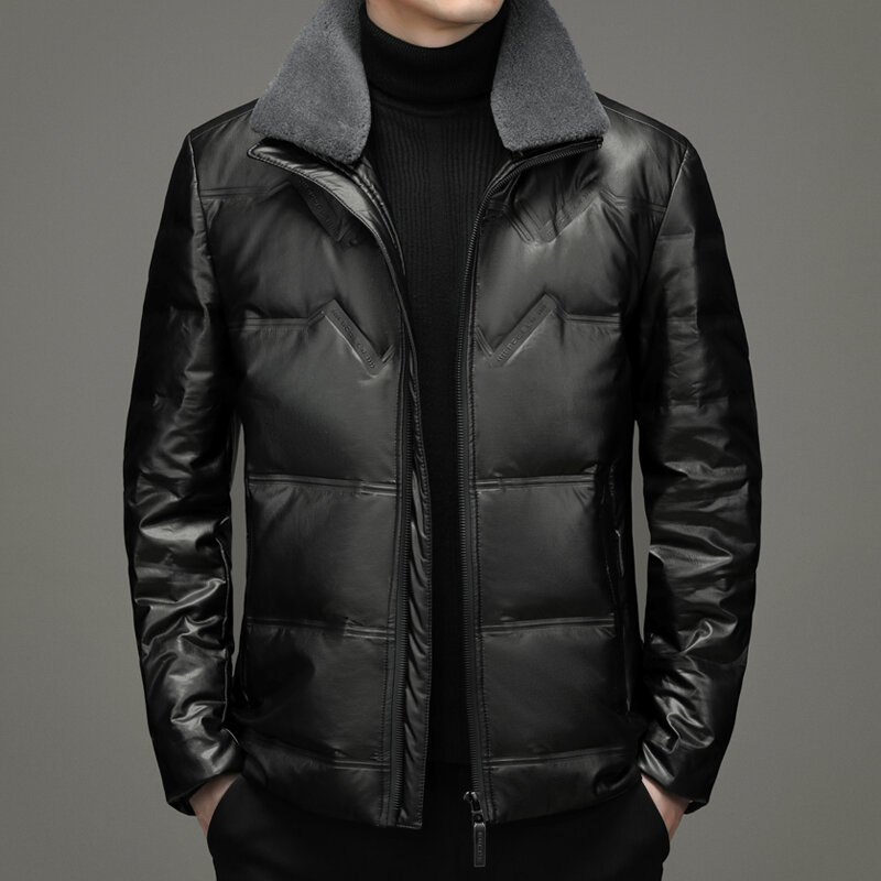 Haining jaket kulit kerah bulu dapat dilepas pria, mantel jaket kulit kualitas tinggi hangat dipertebal kerah bulu
