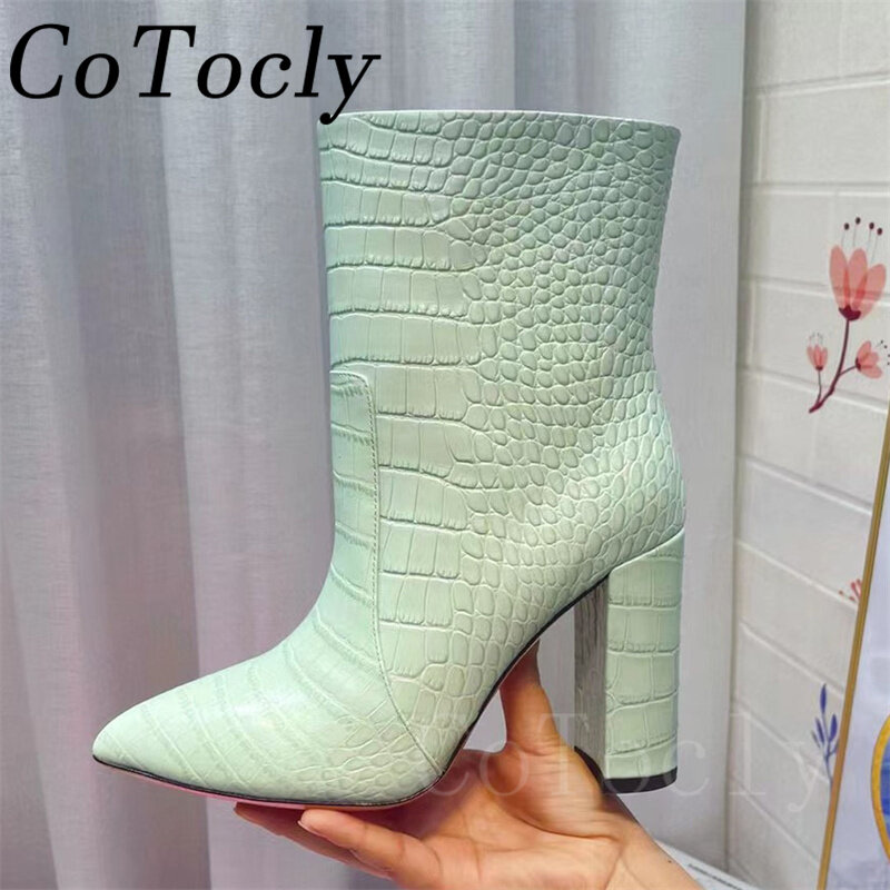 Fashion Chunky Heels Short Boots Woman Crocodile Pattern Leather Brand Women Boots Sexy High Heels Ankle Boots For Women Shoes