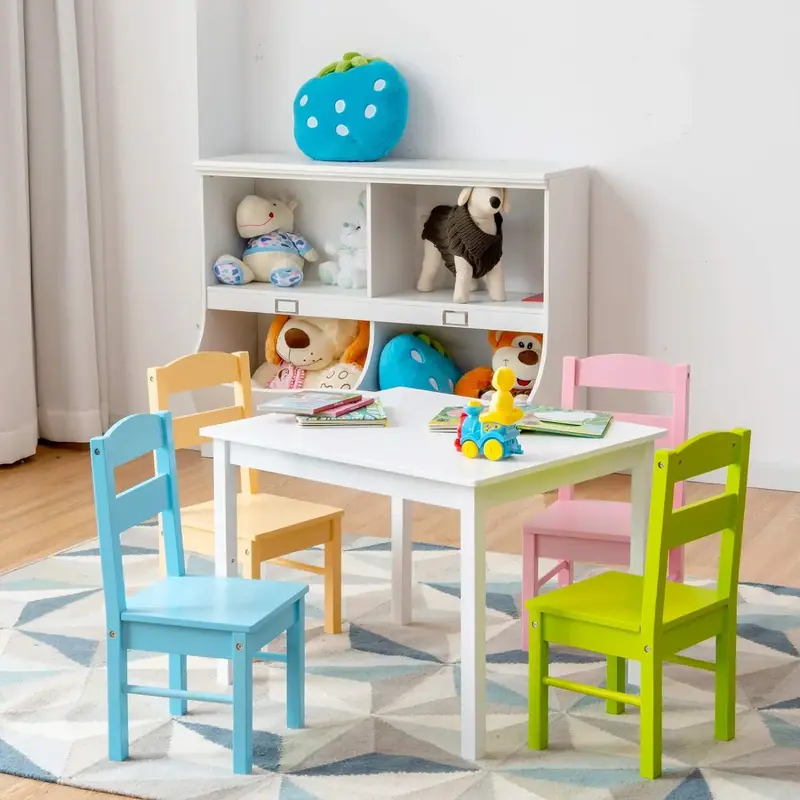 子供用木製テーブルと椅子4脚セット、ダーツとクラフトに最適、スナック時間、homeschooling、白いプライマリ