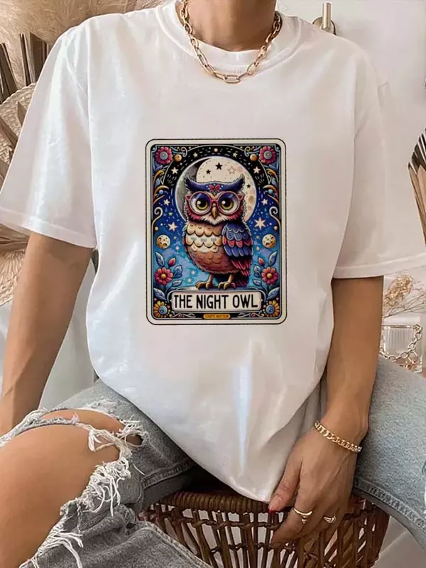 The Night Owl Women's O-Neck Short Sleeved Tarot Brand Printed New Clothing Top Printed Style Printed Trendy Style Casual T-Shir