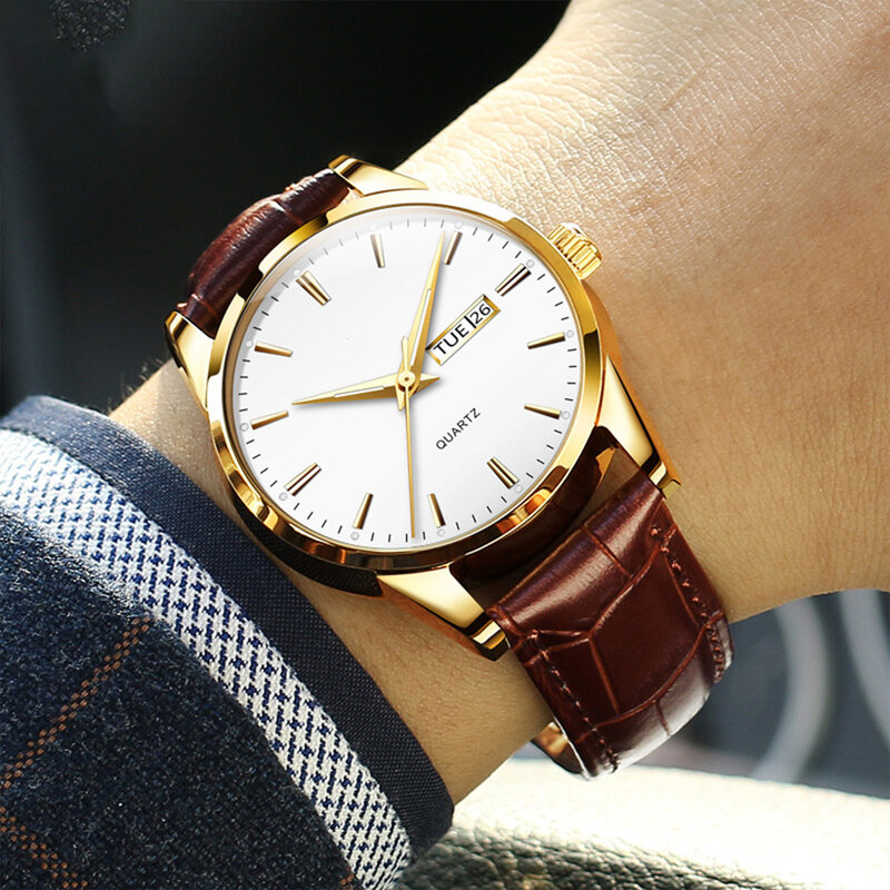 Masculino clássico relógio de quartzo impermeável, pulseira de couro, data, calendário, reunião de negócios, namoro