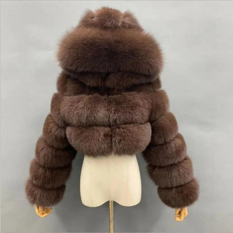 Abrigo recortado de piel sintética para mujer, chaqueta con capucha, manga larga, felpa, esponjosa, acogedora, cálida, invierno