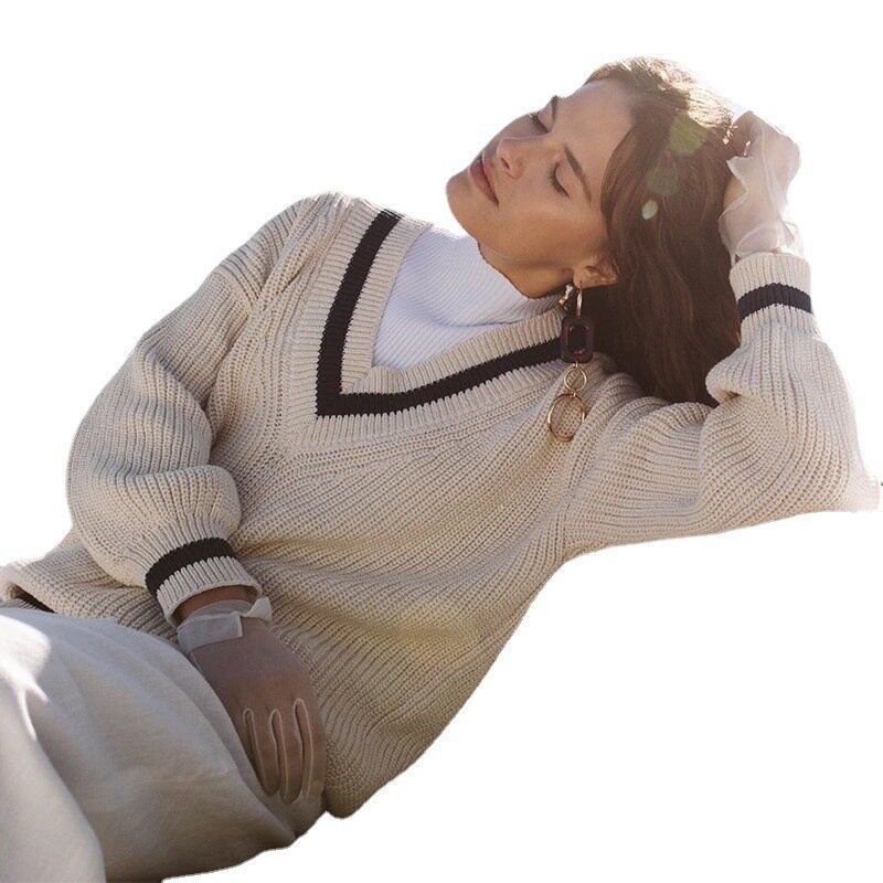 Новинка женский осенне-зимний вязаный свитер корейский Свободный уличный пуловер свитшоты 2024 шикарный вязаный свитер с длинным рукавом и V-образным вырезом