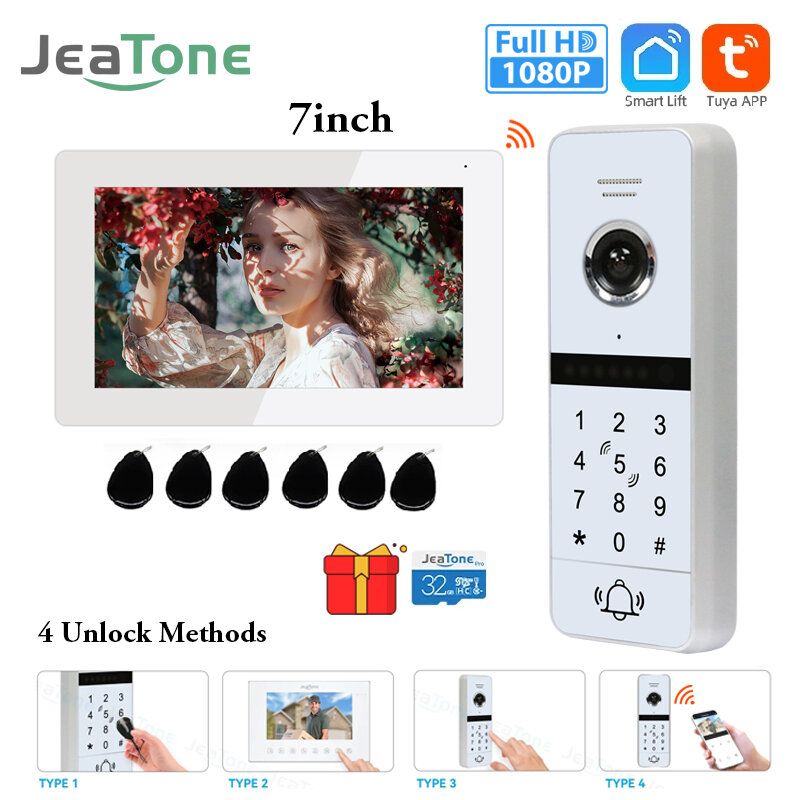Jeatone TUYA 1080P 7 inch Touch Screen Video Doorbell Camera Wifi Video Intercom Motion Detection Password ID Monitor Unlcok