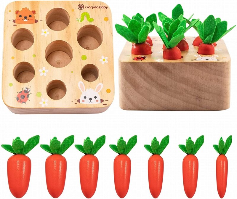 Mainan Montessori, mainan wortel tarik bayi 1 tahun, bentuk mainan kayu anak-anak, mainan edukasi Puzzle serasi untuk anak-anak