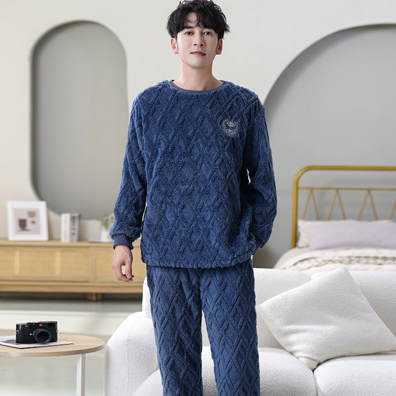 Пижама Мужская Фланелевая, теплая Пижама, одежда для сна, бархатный комплект для отдыха с длинным рукавом, 3XL, Осень-зима