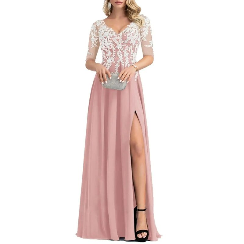 Long Mother of The Bride Dresses for Wedding 2024 Chiffon V-Neck Formal Evening Gown with Slit