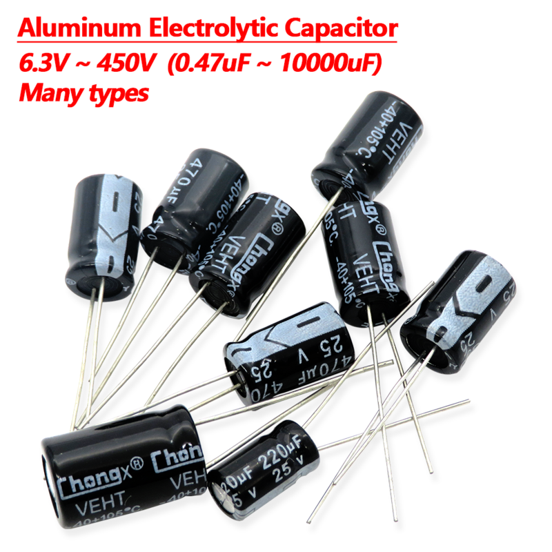 Condensador electrolítico de aluminio, 10V, 16V, 25V, 35V, 50V, 63V, 2,2, 3,3, 4,7, 100, 220, 330, 470, 1000, 2200, 3300 UF