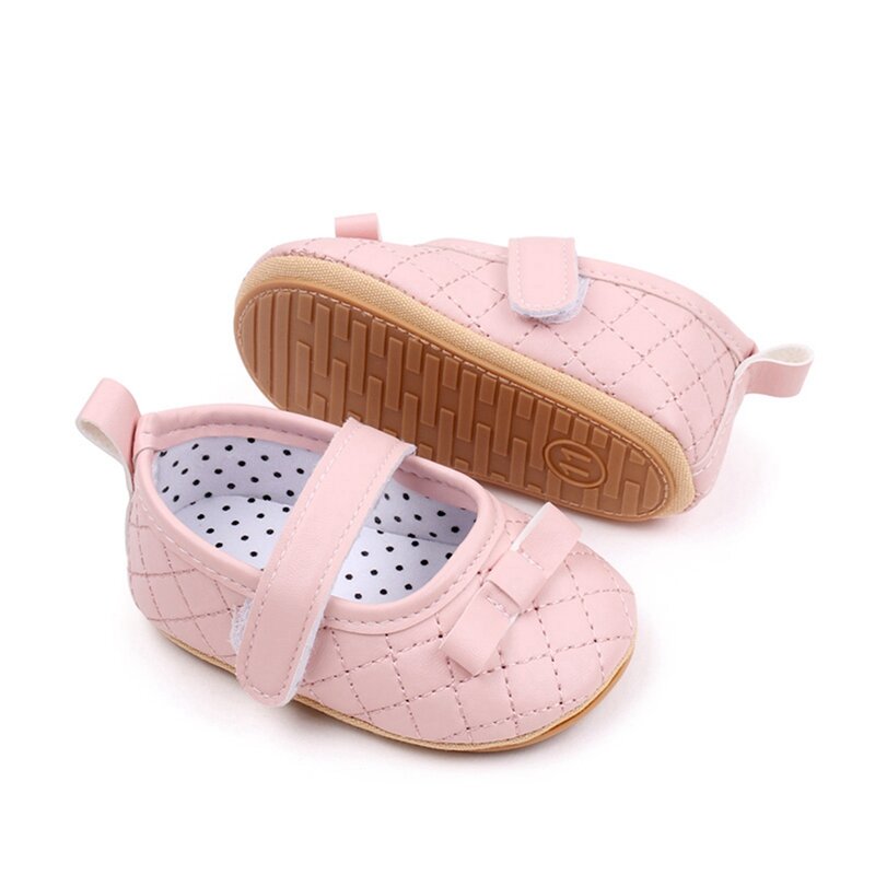 VISgogo Baby Girl Princess Shoes Bowknot Mary Jane Flats Quilted Crib Shoes with Non-Slip Rubber Sole First Walkers