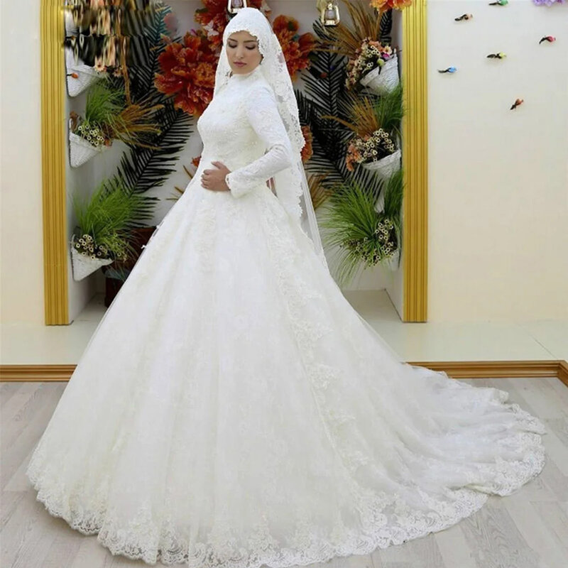2023 Plus Size Country Ivory Floral high-necked, long-sleeved elegant Wedding Dress A-linevestido de novia ZJ053