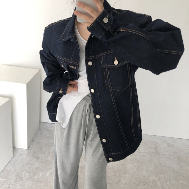 Spring New Commuter Versatile Polo Collar Single Breasted Loose Casual Pocket Denim Coat Women