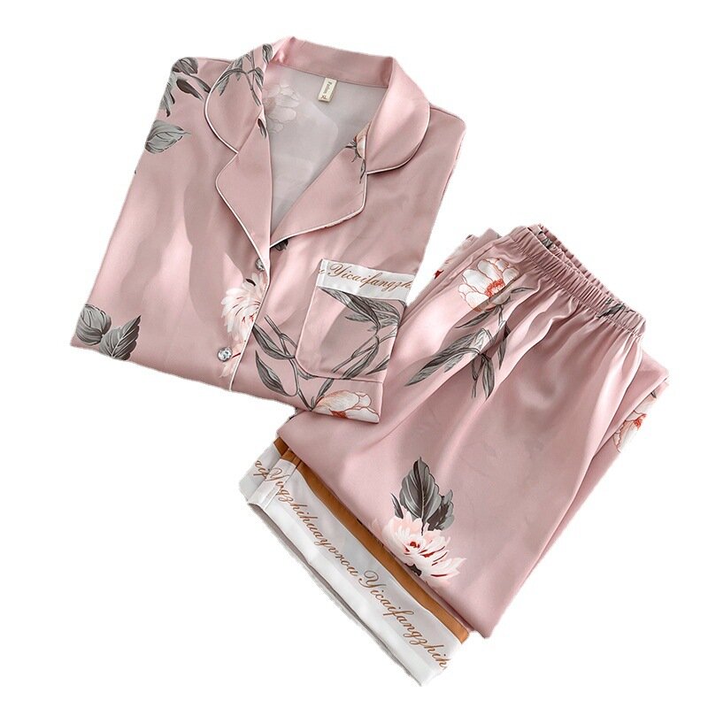 Print Flower 2PCS Pajamas Suit Casual Long Sleeve Nightwear Sleep Set Pink Satin Home Clothing Intimate Lingerie Pyjamas