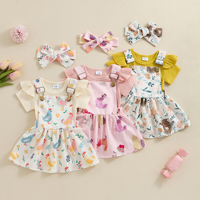 Toddler Baby Girl Summer Outfits Solid Color Ribbed Knit Rompers Chicken Print Suspender Skirts Headband 3Pcs Clothes Set